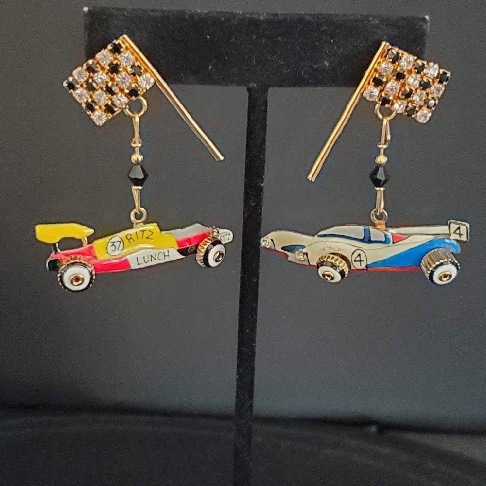 Lunch at the Ritz Race Car Earrings Checkered Flag Enamel Rhinestone Indy 500